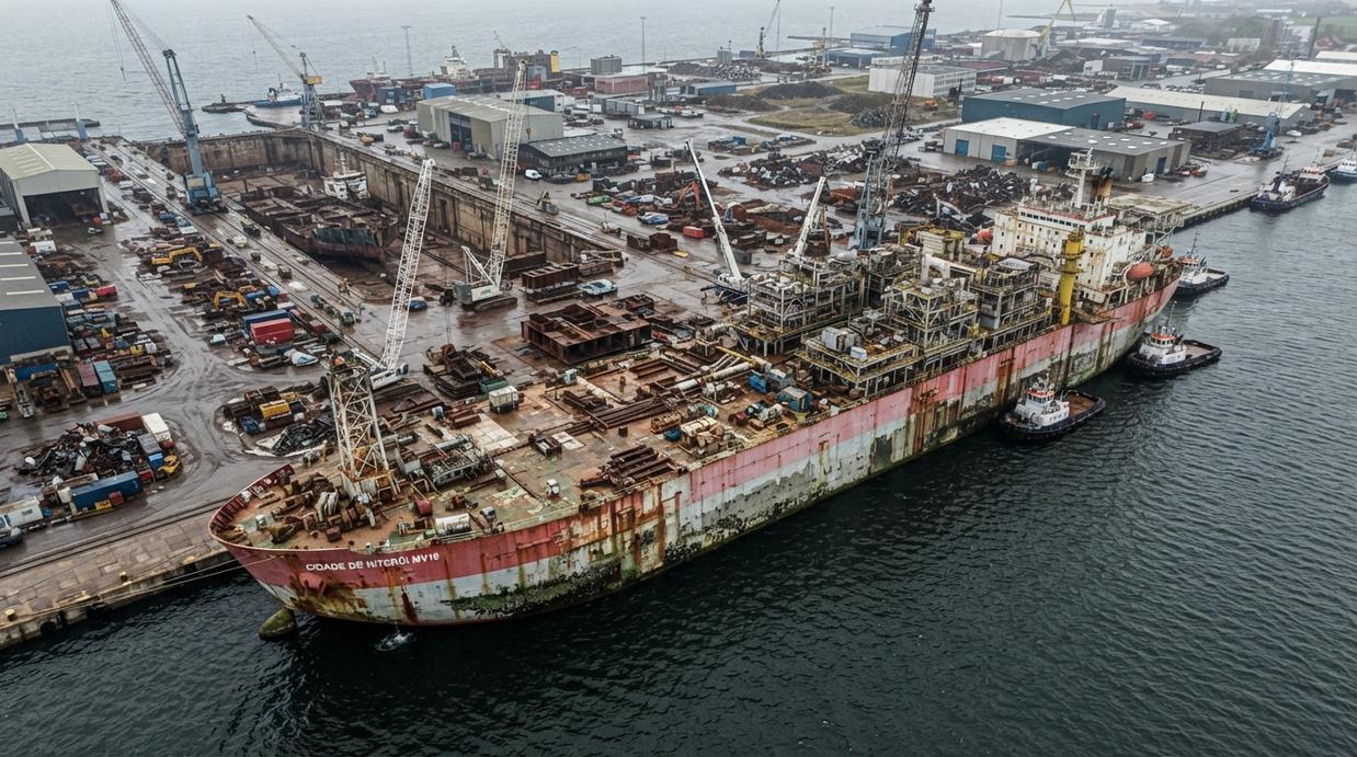 Плавучая нефтегазовая платформа FPSO Cidade de Niterói MV18, пришвартованная на судораздельной верфи в Дании перед утилизацией.