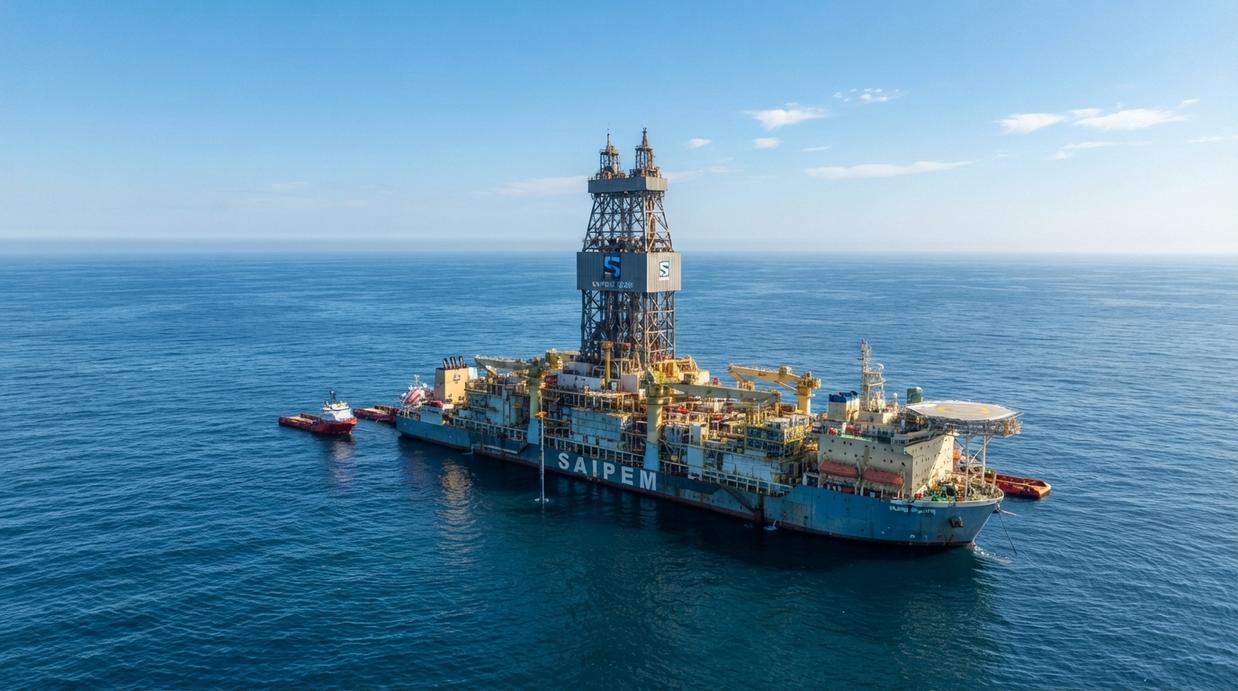 Буровое судно Saipem 12000 ведёт работы в Атлантическом океане у побережья Намибии в бассейне Оранж.
