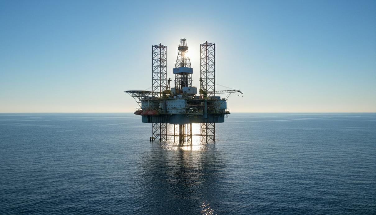 Морская нефтегазовая буровая платформа в открытом море под ясным небом. Современная буровая установка в спокойных водах.