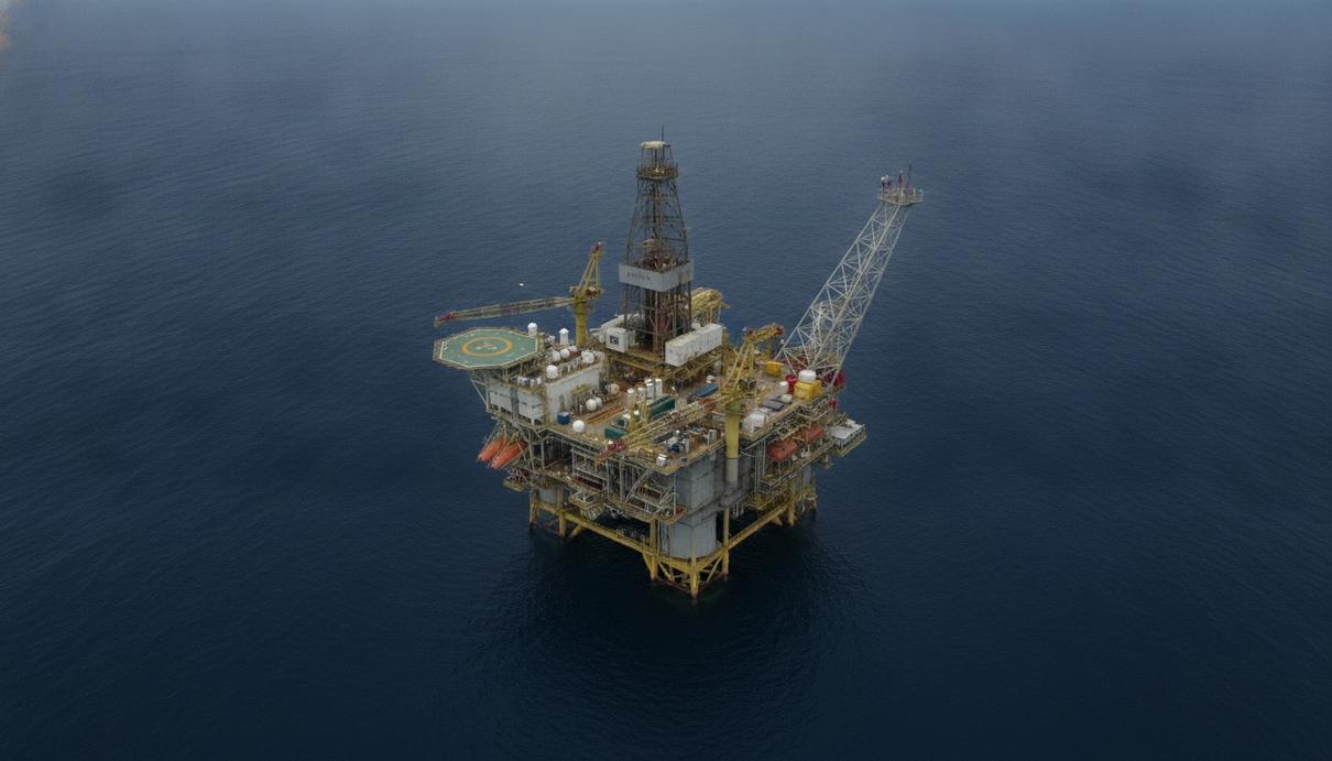 Полупогружная нефтегазовая платформа Na Kika в открытом море в Мексиканском заливе. Вид с воздуха на промышленный объект.