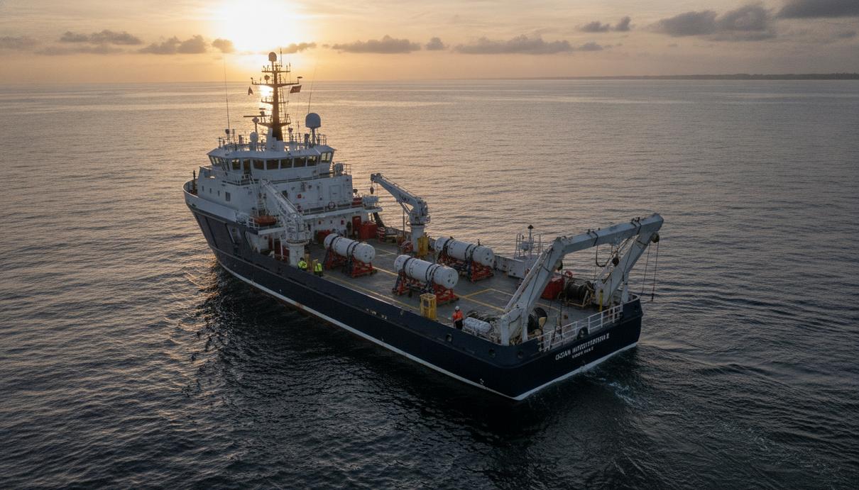 Oceaneering начала комплексные морские изыскания в США и Тринидаде Исследовательское судно Ocean Intervention II в открытом море. На палубе размещено научное оборудование для морских изысканий.