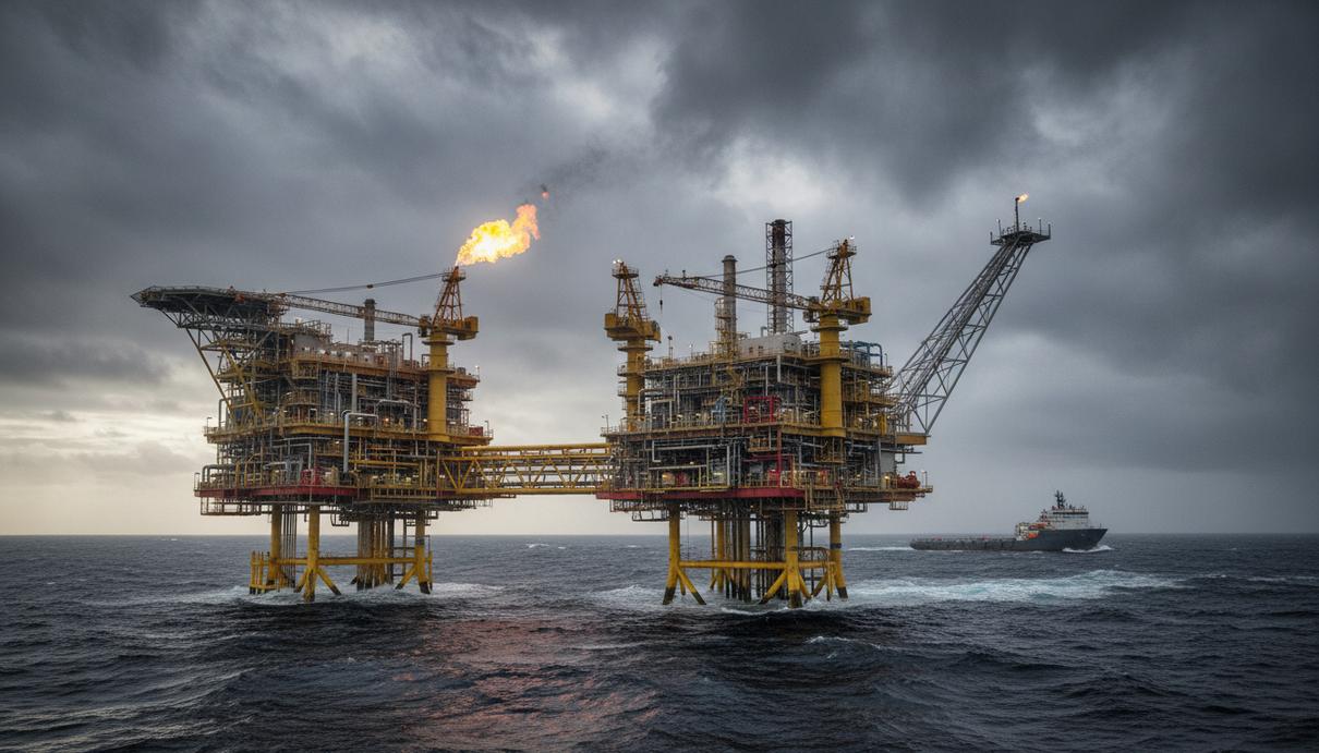 Морская газодобывающая платформа на месторождении Ормен-Ланге в Норвежском море в пасмурную погоду.