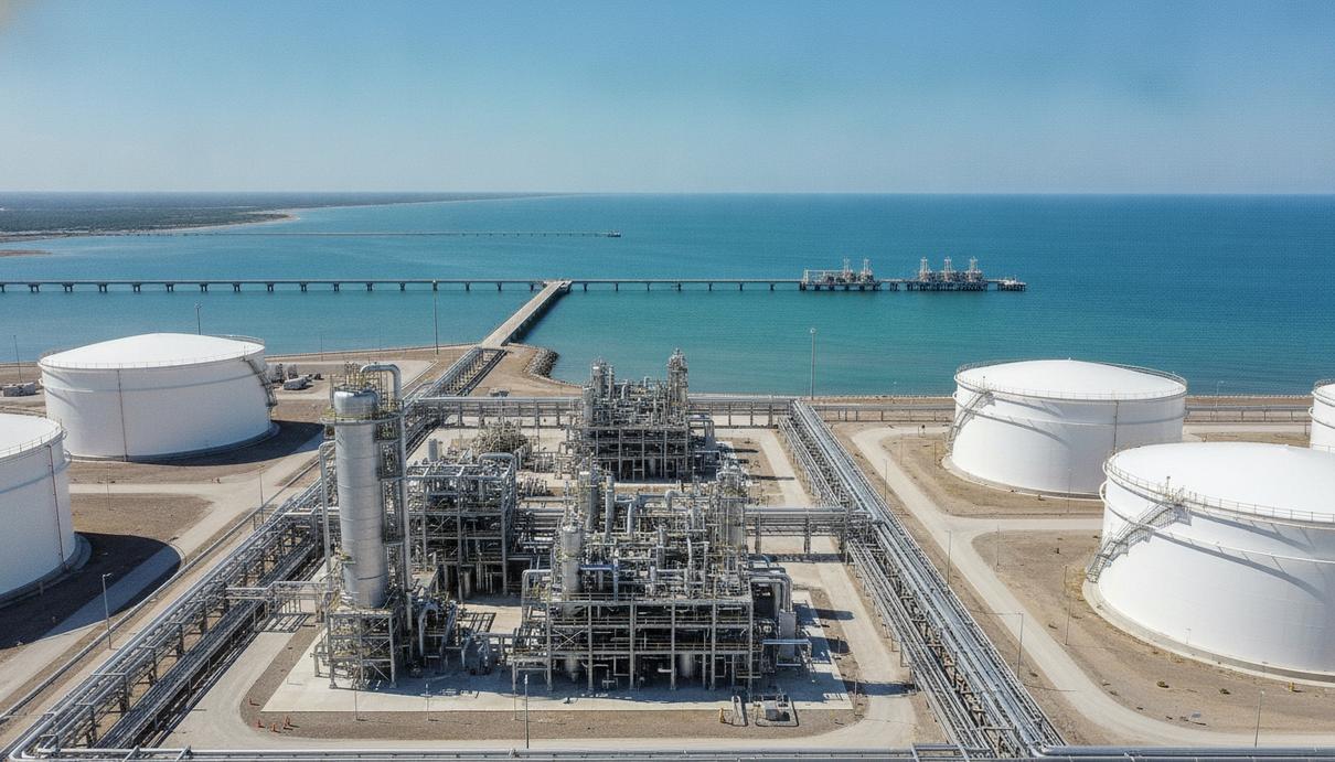 Подрядчик Texas LNG начал работы на СПГ-терминале до инвестрешения Промышленный комплекс терминала по сжижению природного газа Texas LNG в порту Браунсвилл, Техас. Крупные резервуары для хранения СПГ и технологические установки на морском побережье.