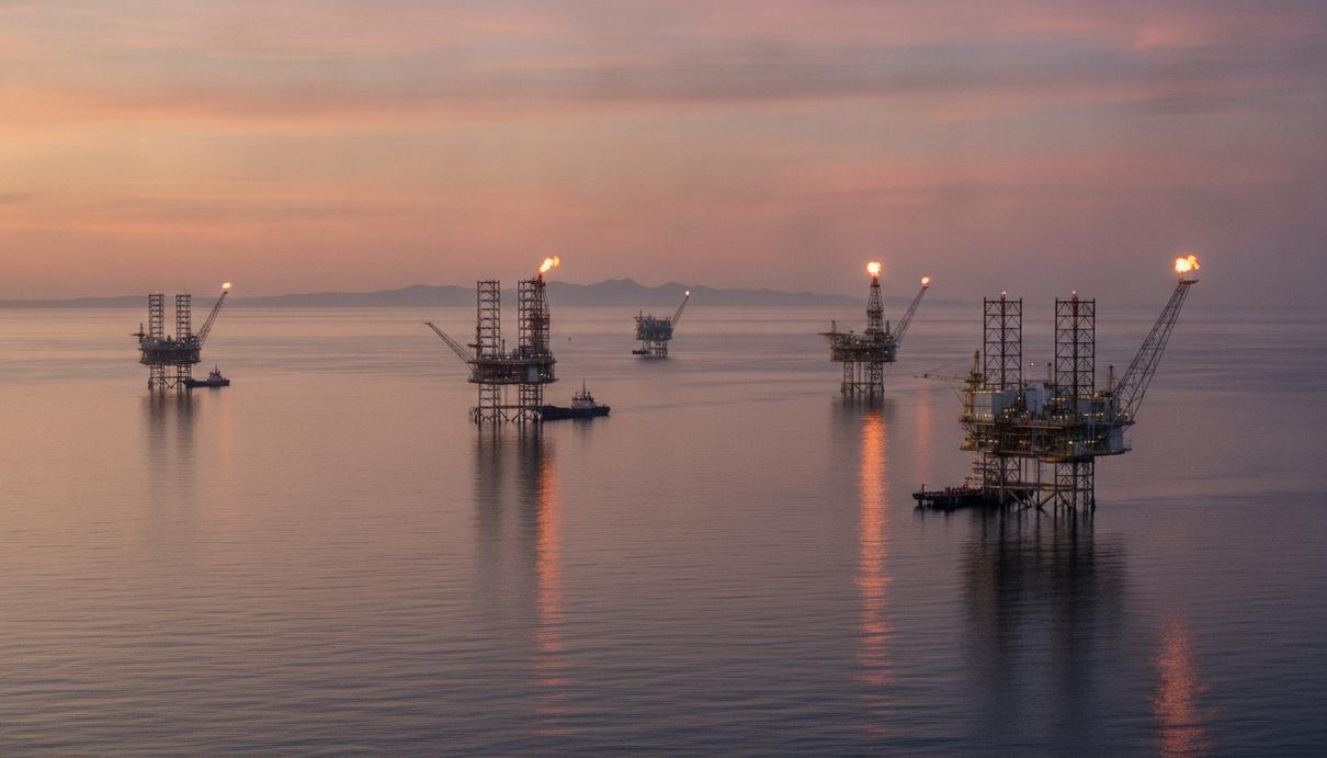 Морские нефтегазовые платформы в Бассовом проливе у побережья Австралии на рассвете.