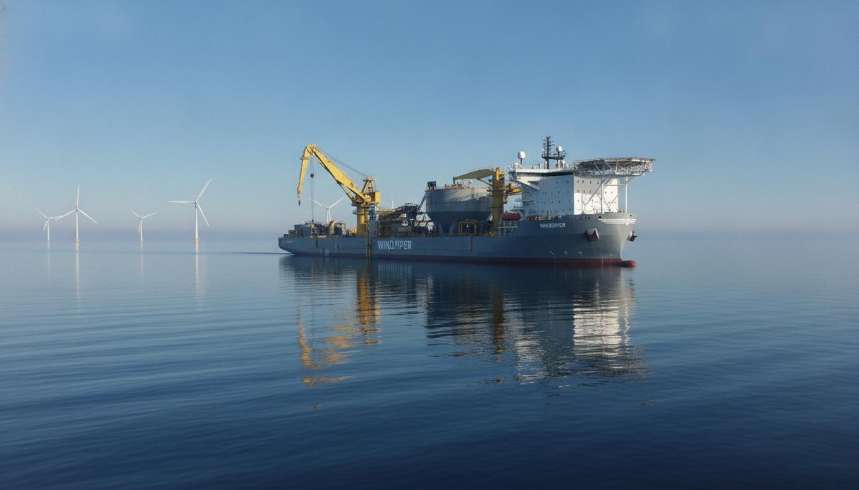 Крупнейшее камнеукладочное судно Windpiper в Балтийском море на фоне морской ветряной электростанции.