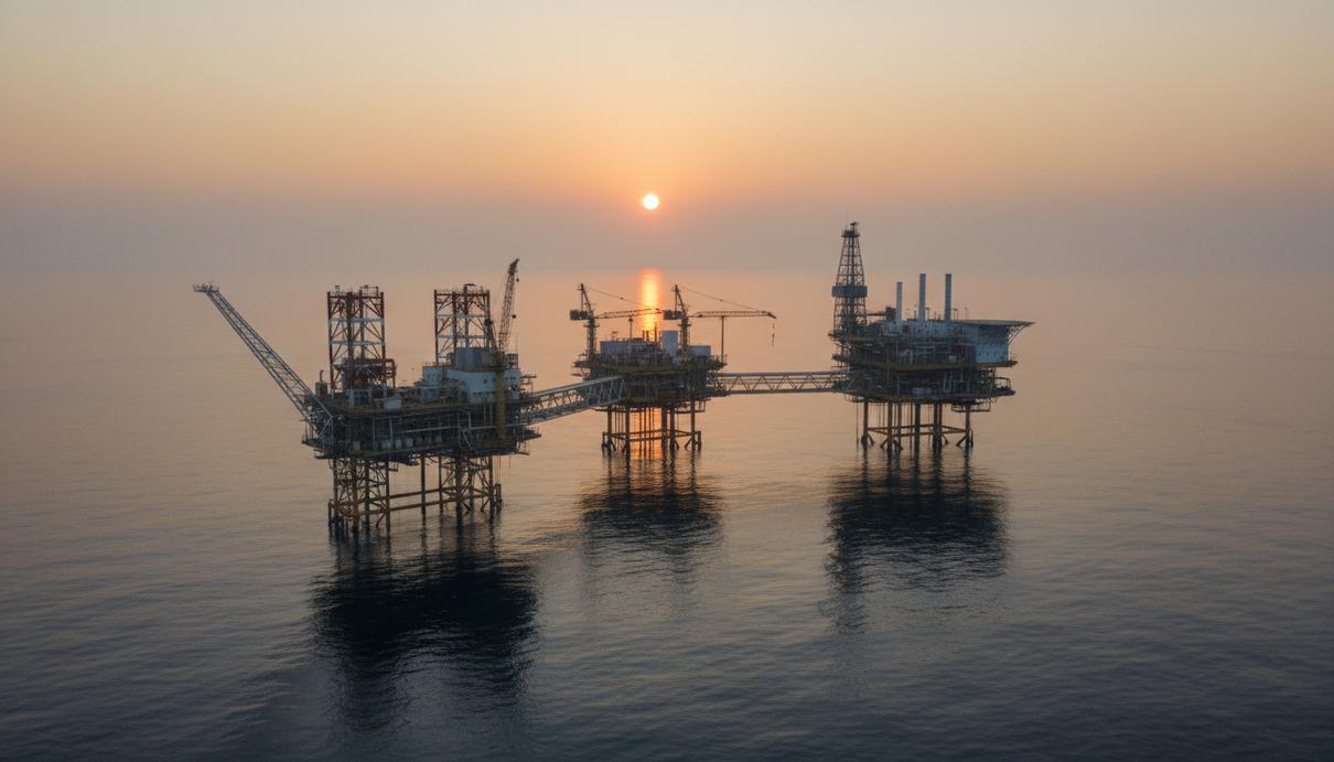 Морская нефтегазовая платформа в открытом море на рассвете. Промышленное сооружение с трубами и оборудованием на палубе.