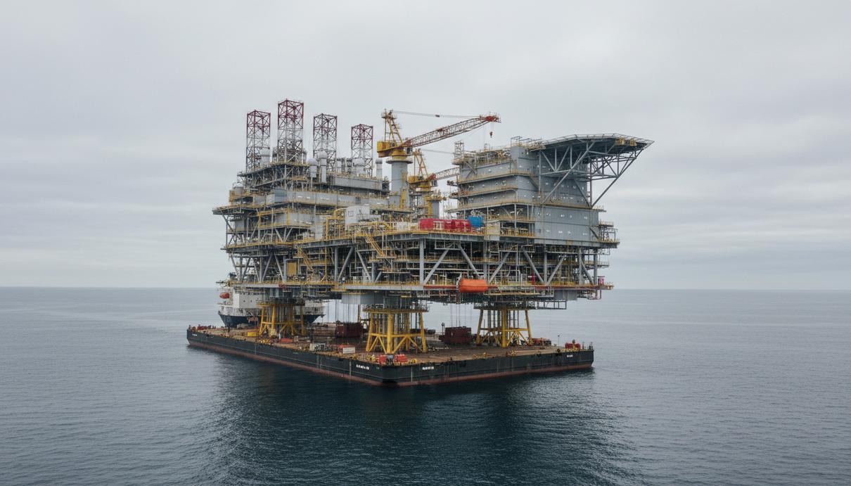 Верхнее строение морской нефтегазовой платформы Hugin B на транспортном судне во время буксировки в Северном море.