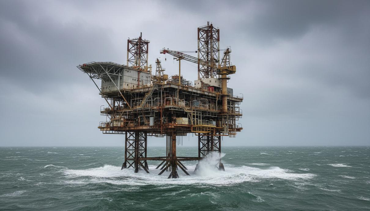 Морская нефтегазовая платформа Beryl Alpha в Северном море. Стальная конструкция на фоне пасмурного неба и серых волн.