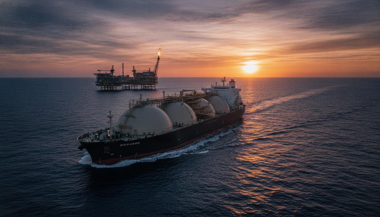 Танкер-газовоз для перевозки СПГ в открытом море на фоне морской газодобывающей платформы на закате.