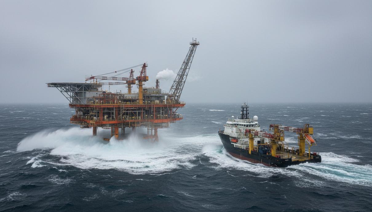 Boskalis и AOC договорились о работах на шельфе Северного моря Морская нефтегазовая платформа и судно поддержки в Северном море в пасмурный день.