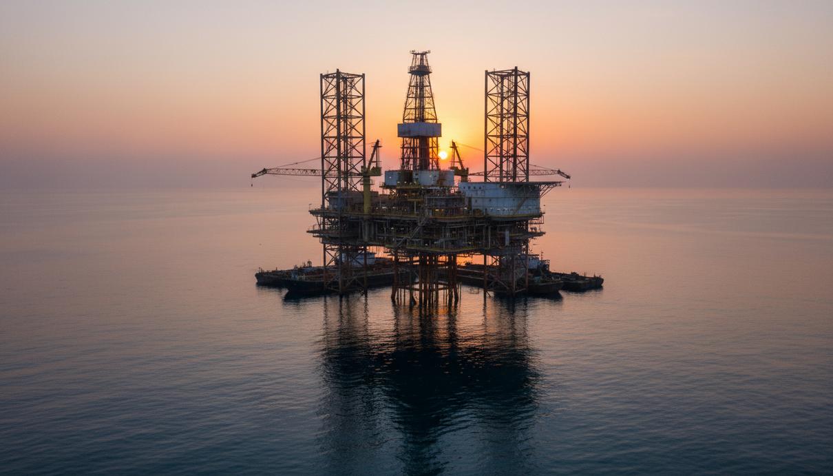 Морская нефтедобывающая платформа в Гвинейском заливе у побережья Нигерии на рассвете.