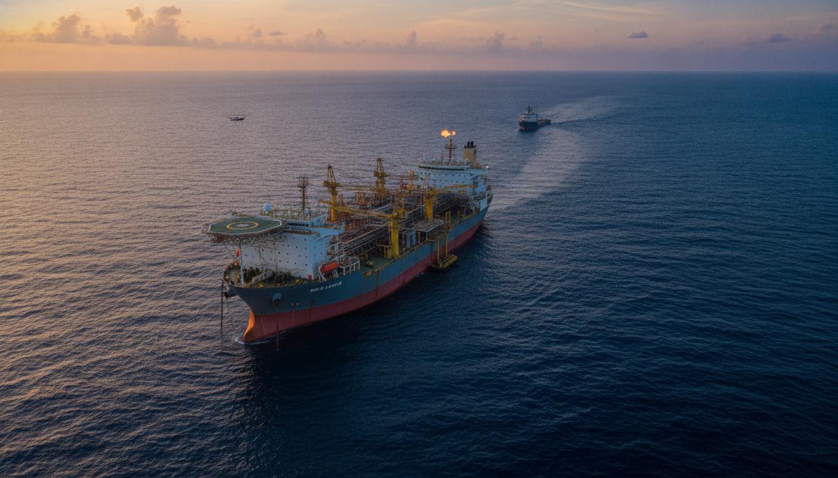 OneSubsea оснастит третью фазу разработки месторождения Baleine Плавучая установка для добычи, хранения и отгрузки нефти (FPSO) на морском месторождении в океане на рассвете.