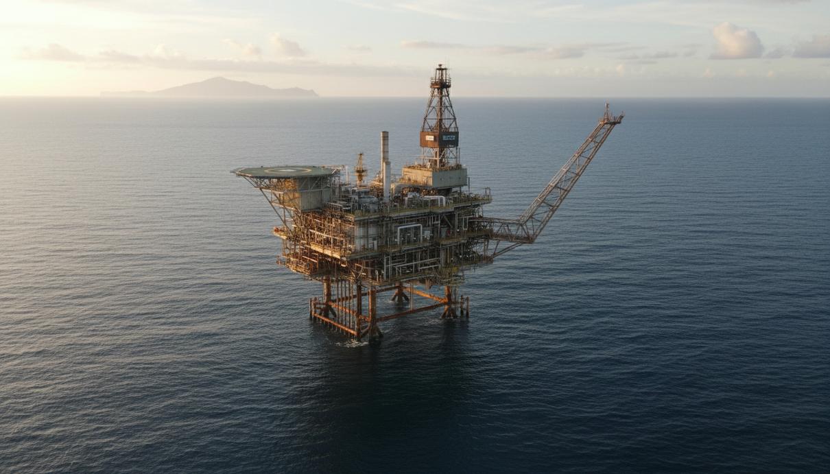 Sunda Energy претендует на газовый участок в Новой Зеландии Морская газодобывающая платформа в бассейне Таранаки у побережья Северного острова Новой Зеландии в лучах солнца.