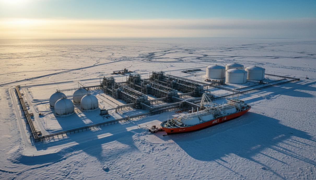 Завод по сжижению природного газа «Ямал СПГ» в Арктике. Видны промышленные установки, резервуары для хранения СПГ и газовоз у причала.