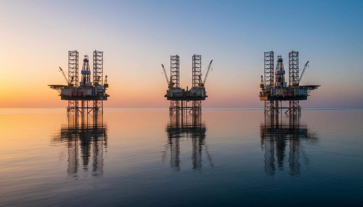Arabian Drilling возобновляет работу на трёх морских платформах Три морские самоподъёмные буровые установки компании Arabian Drilling в Аравийском заливе на рассвете.