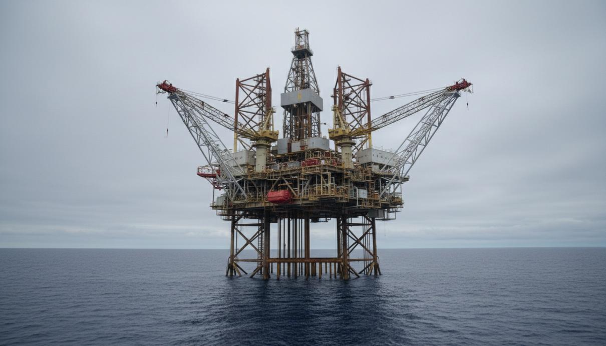 Halliburton и Eni повысили эффективность бурения в Индонезии на 15% Морская нефтегазовая платформа для глубоководного бурения в открытом океане. Вид на буровую вышку и палубу с оборудованием.