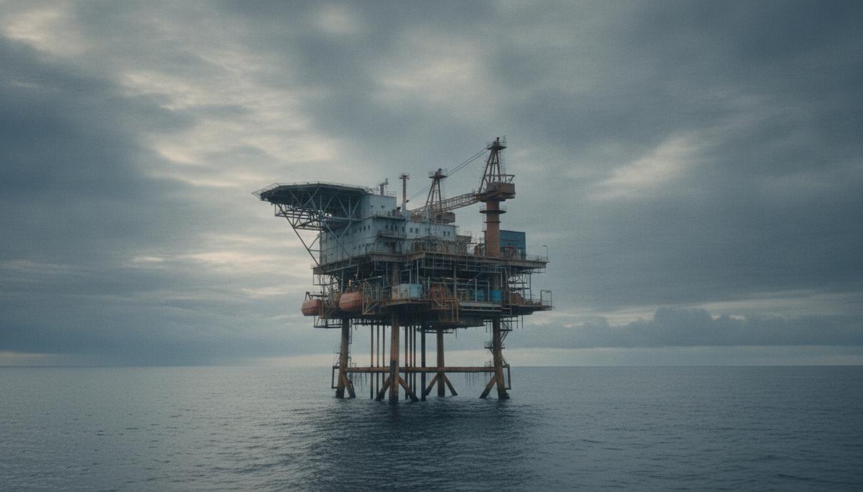 Морская нефтегазовая платформа Kittiwake в Северном море на фоне облачного неба. Стареющая конструкция в серых водах.