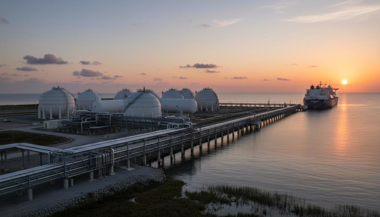 «Нафтогаз» договорился с Argent LNG о поставках американского СПГ в Европу Экспортный СПГ-терминал с большими резервуарами для хранения газа и трубопроводами в морском порту на рассвете.