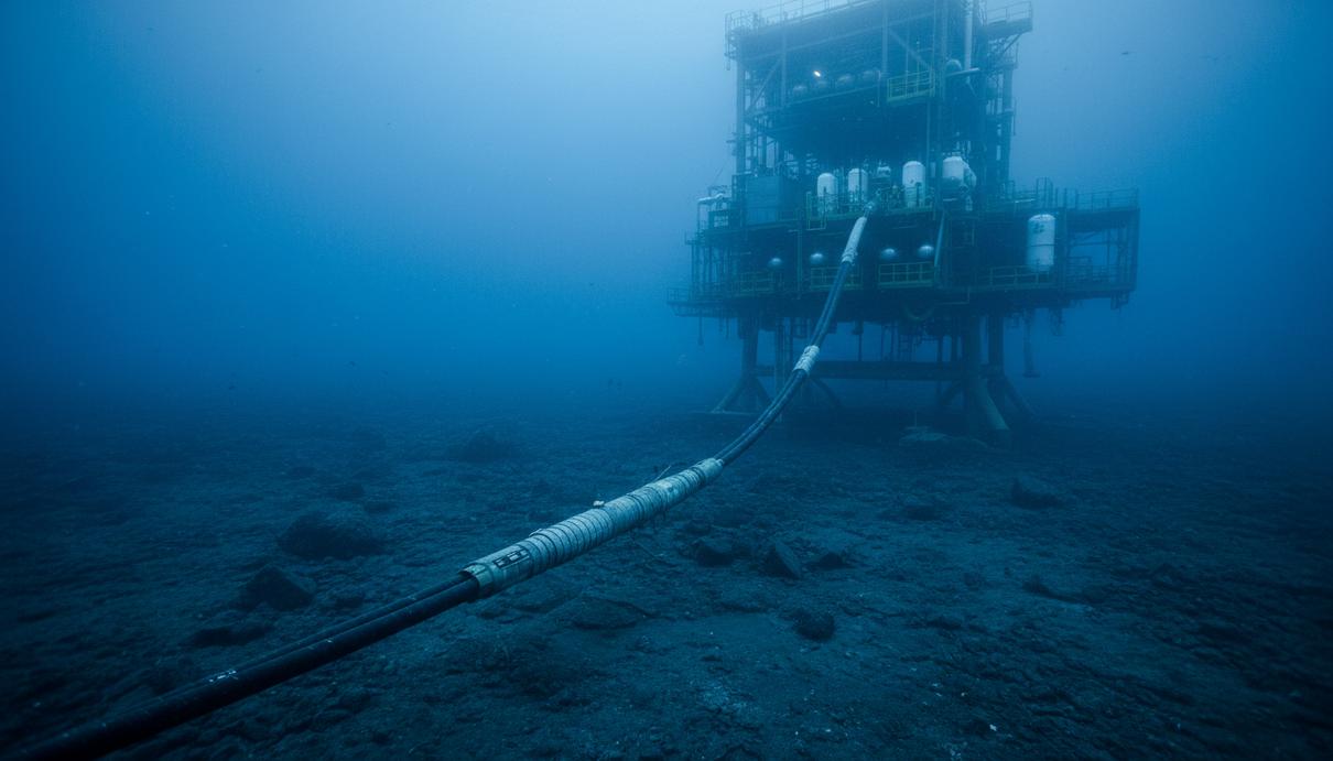 Силовой кабель-шлангокабель на морском дне, подключённый к подводной инфраструктуре газовой платформы в океане.