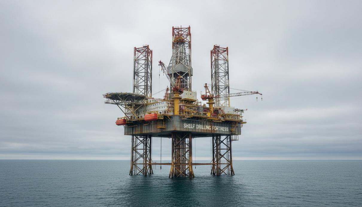 Самоподъёмная морская буровая установка на опорах в открытом море. Вид на платформу с буровой вышкой.