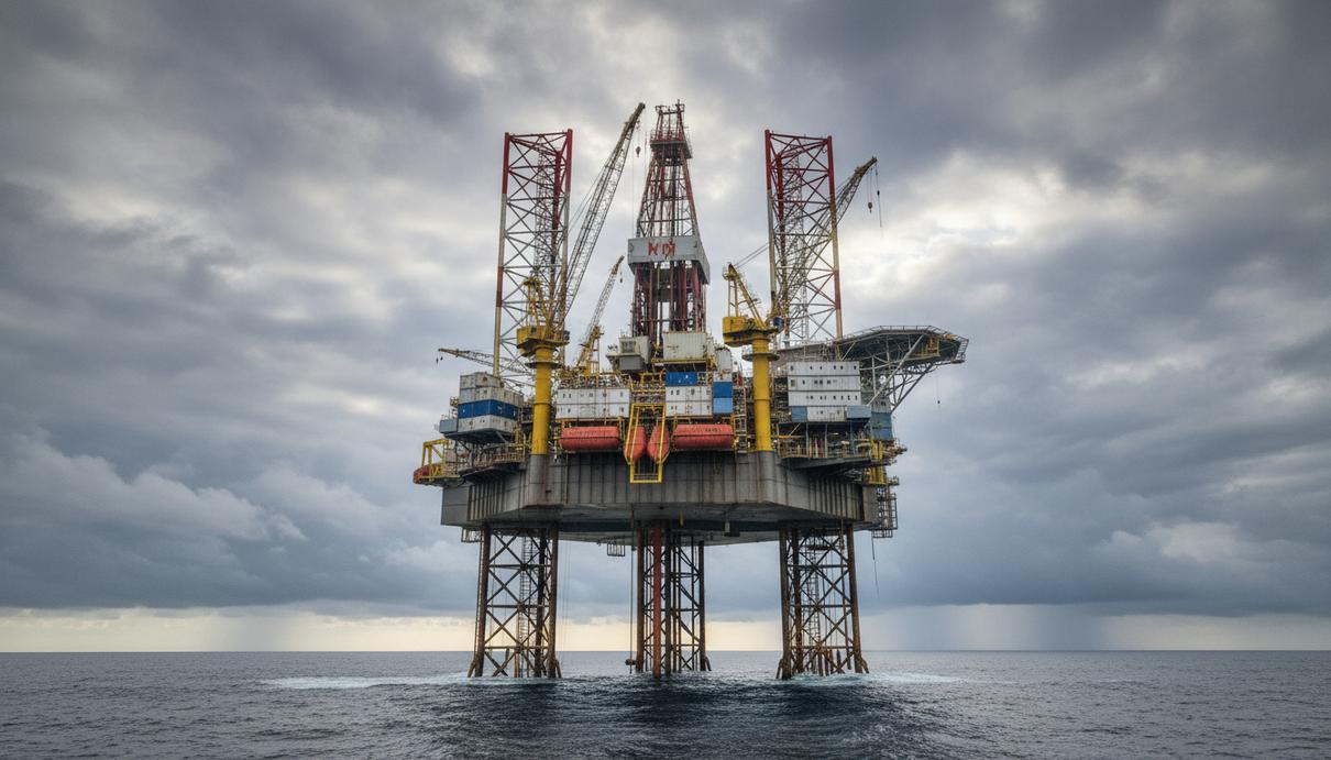 Velesto Energy расторгла контракт на буровую платформу Naga 8 Самоподъемная морская буровая установка Naga 8 в открытом море. Вид на платформу, ее опоры и буровую вышку.