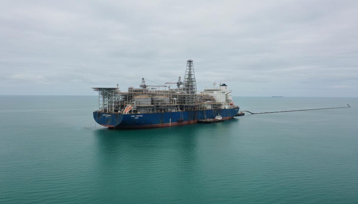 Крупный плавучий завод по сжижению газа (FLNG) на якоре в открытом море. Промышленная платформа с трубами, резервуарами и факельной вышкой.