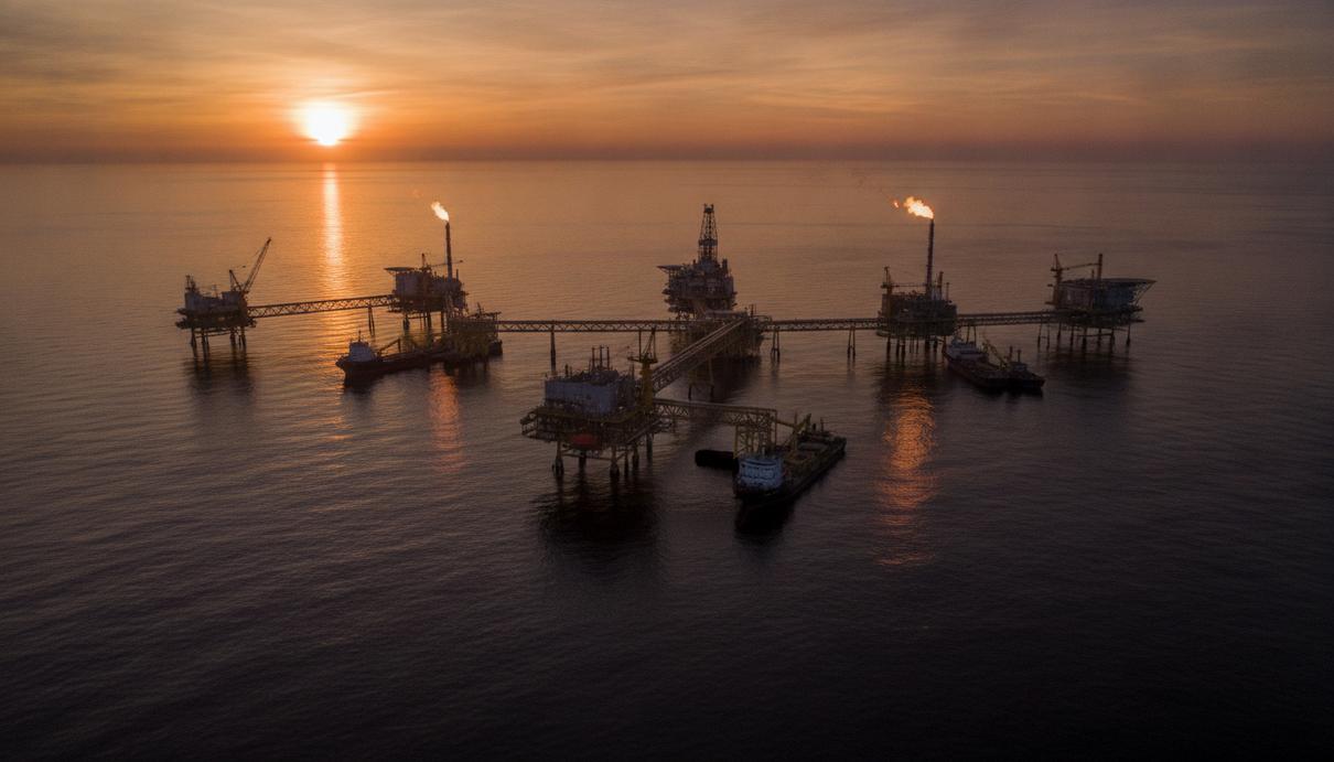 Vår Energi и BlueNord создают крупнейшего добытчика нефти и газа в Европе Морские газодобывающие платформы комплекса Тайра в Северном море на рассвете, вид с воздуха.