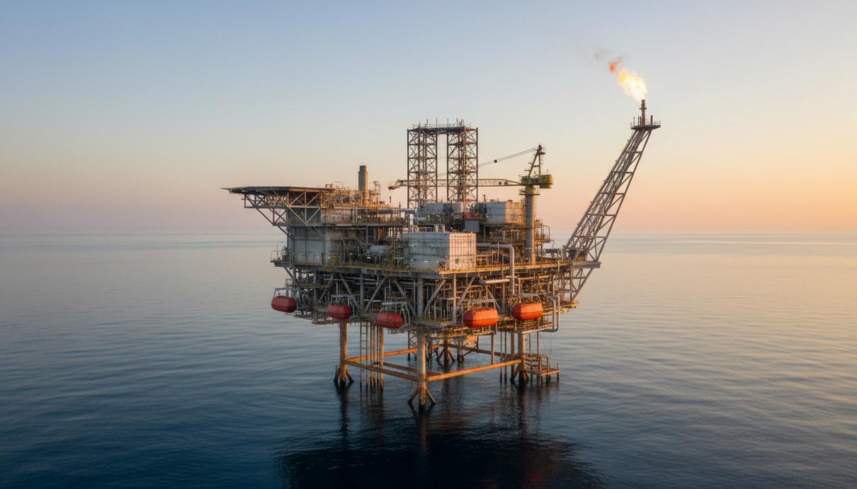 Морская нефтегазовая платформа в Персидском заливе на рассвете. Вид на технологическое оборудование и трубопроводы.