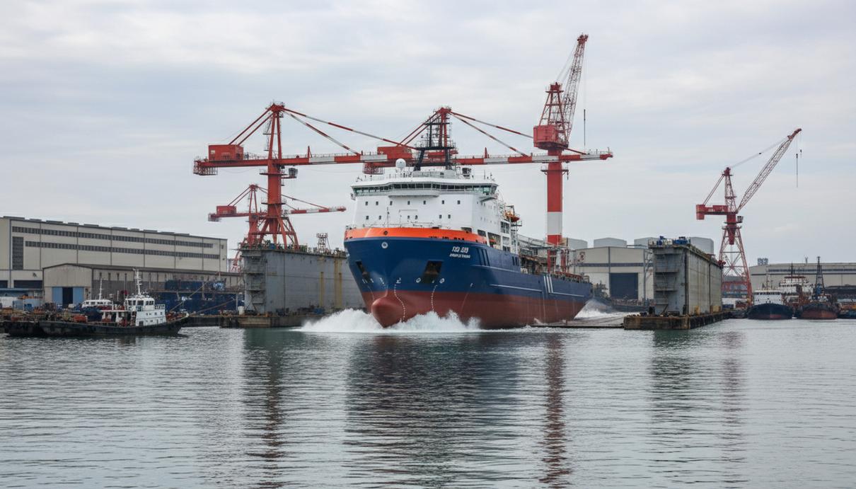 Новое 120-метровое судно поддержки морских энергопроектов спускают на воду на китайской верфи. В кадре – борт судна и судостроительные краны.