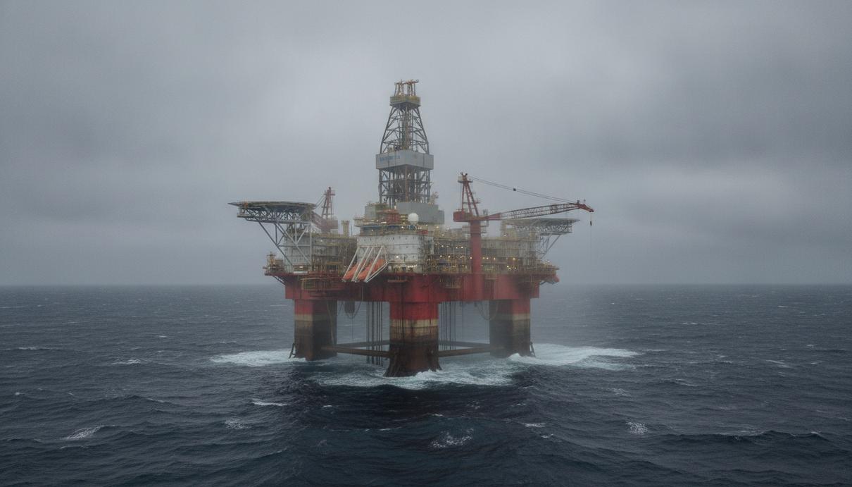 Полупогружная буровая установка в открытом море под пасмурным небом.