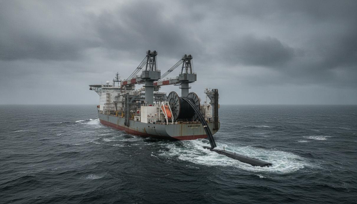Крупное судно-кабелеукладчик в море прокладывает подводный силовой кабель, который сходит с кормы в воду.