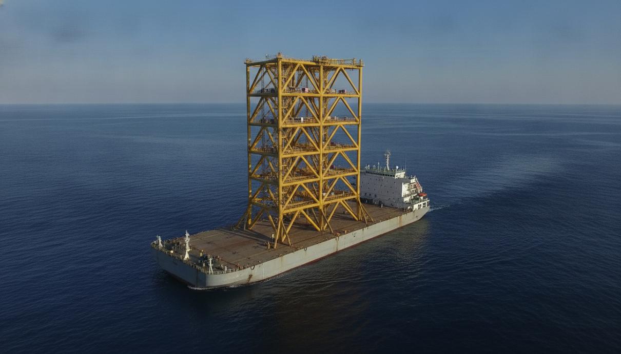 BP доставила первую опору платформы для газового проекта в Индонезии Опорный блок морской газовой платформы (жакет) на транспортной барже во время транспортировки по морю.