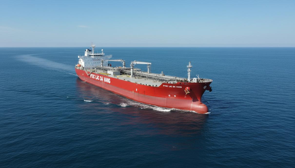 Плавучее нефтехранилище для проекта Lac Da Vang покинуло верфь в КНР Большое плавучее нефтехранилище FSO PTSC Lac Da Vang красного и серого цвета идёт по морю. Вид с воздуха.