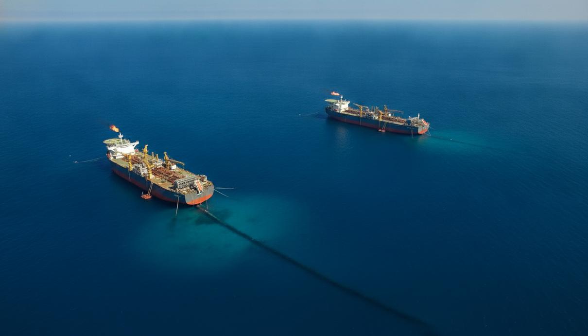 Две плавучие установки для добычи, хранения и отгрузки газа (FPSO) в открытом океане у побережья Австралии, соединенные подводным трубопроводом.