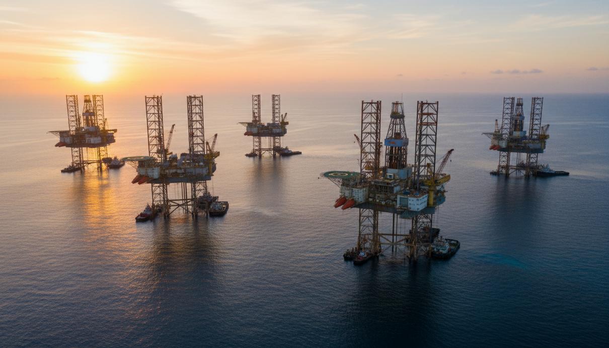 СП Borr Drilling купило в Мексике пять буровых установок за $287 млн Пять самоподъёмных морских буровых установок в водах Мексиканского залива на рассвете, вид с воздуха.