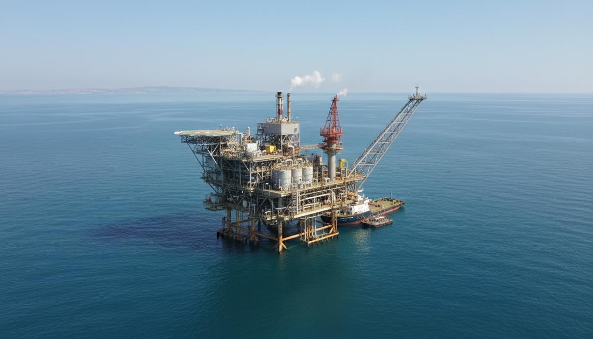 Венгерская MOL выкупит у Shell долю в кипрском проекте «Афродита» Морская газовая платформа в Средиземном море на фоне чистого неба. Вид на палубу с промышленным оборудованием и трубопроводами.