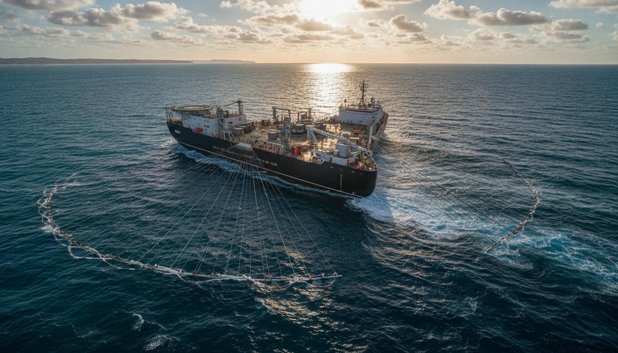 Сейсморазведочное судно Ramform Sovereign в океане у берегов Австралии буксирует сейсмические косы для сбора геоданных.