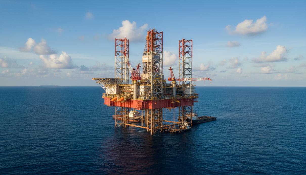 Морская глубоководная буровая платформа в океане у побережья Индии. Нефтегазовая вышка в бассейне Маханади.