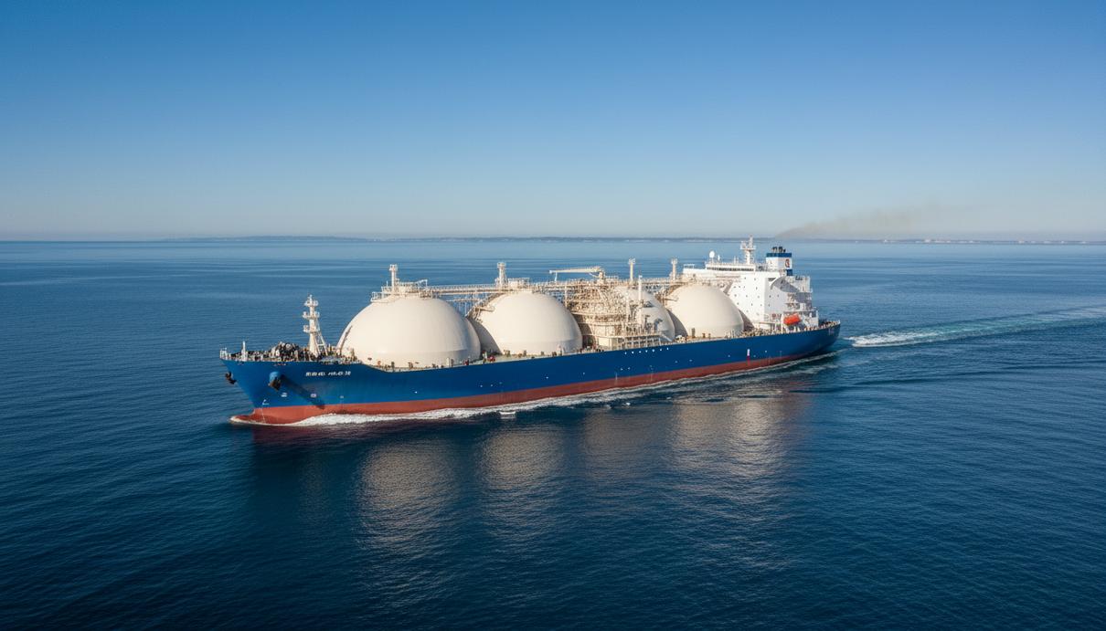 Танкер-газовоз для перевозки сжиженного природного газа (СПГ) в открытом море на фоне чистого неба.