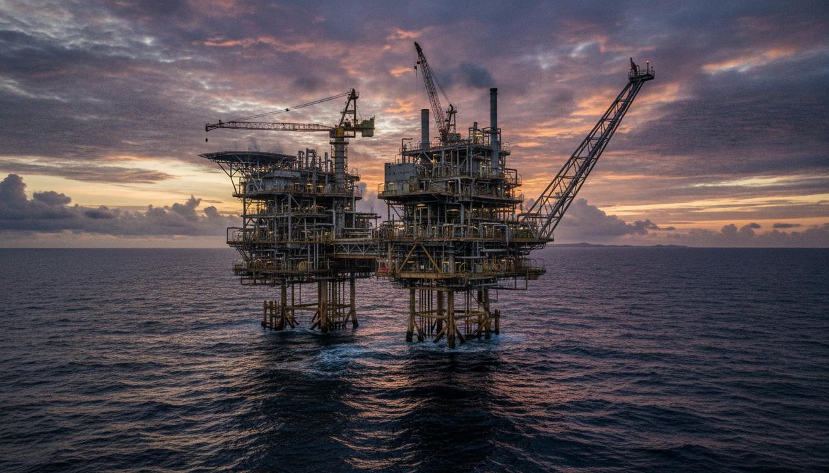 Крупная морская платформа по добыче и переработке природного газа в океане на рассвете.