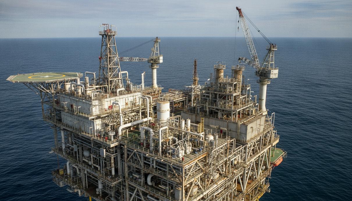 EnerMech получила контракт на обслуживание платформ в Северном море Верхние строения морской нефтегазовой платформы в Северном море, вид на комплекс трубопроводов и технологического оборудования.