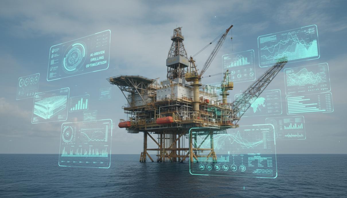 Морская буровая платформа в море, на фоне которой виден цифровой интерфейс с графиками и геологическими данными.