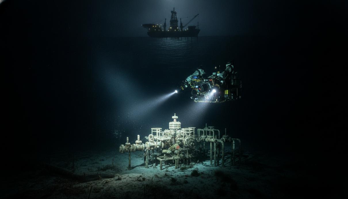 Fugro будет обслуживать глубоководное бурение индийской ONGC Телеуправляемый подводный аппарат (ТПА) с включенными прожекторами работает у подводного устья скважины на морском дне.