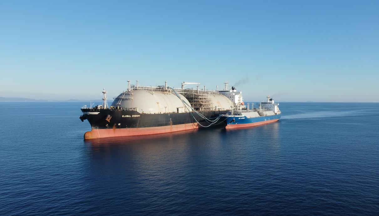 Большой газовоз СПГ и малое судно-бункеровщик стоят борт к борту в открытом море, соединённые шлангами для перекачки топлива.