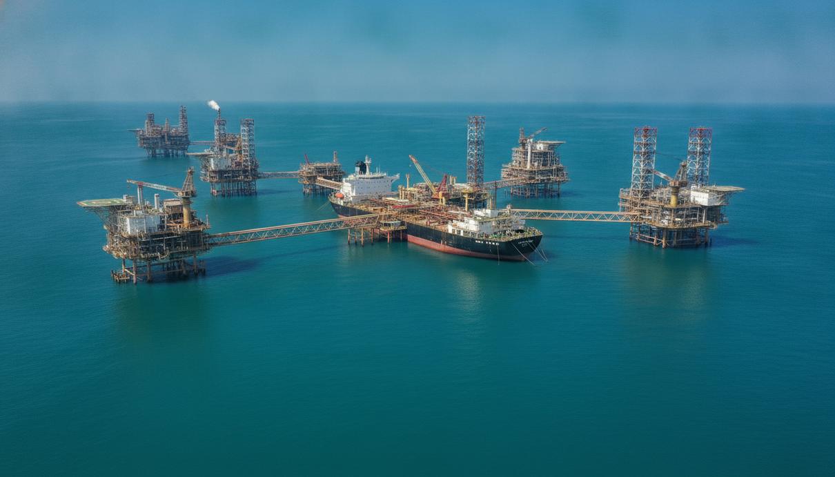 Морские нефтегазовые платформы и судно FPSO на месторождении Пэнлай в Бохайском заливе, Китай. Вид с воздуха.