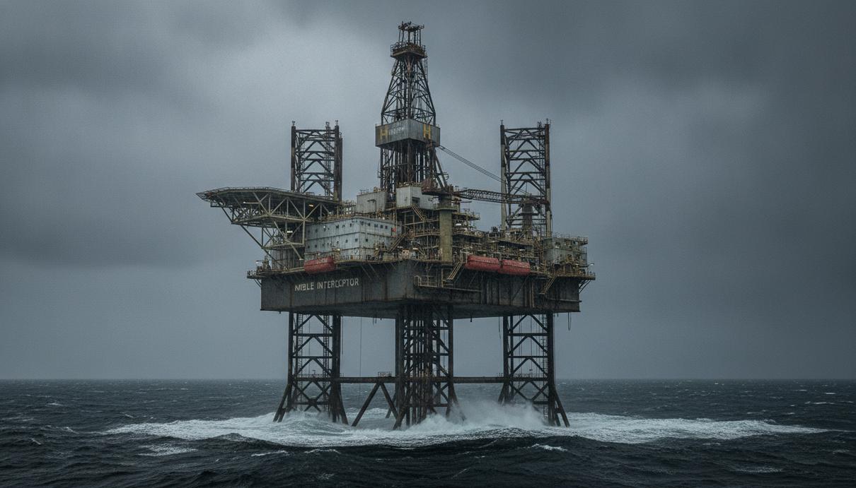 Noble получила контракт от ConocoPhillips на работы в Северном море Самоподъемная буровая установка Noble Interceptor в суровых условиях Северного моря. Платформа стоит на опорах над волнами под пасмурным небом.