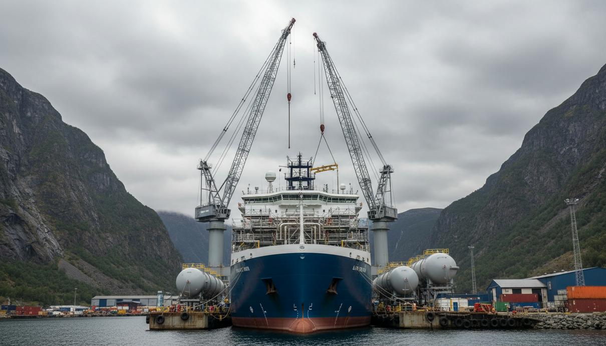 SLB модернизирует судно для работ Equinor на норвежском шельфе Большое судно для стимуляции скважин MV Island Captain у причала в норвежском порту во время модернизации палубного оборудования.
