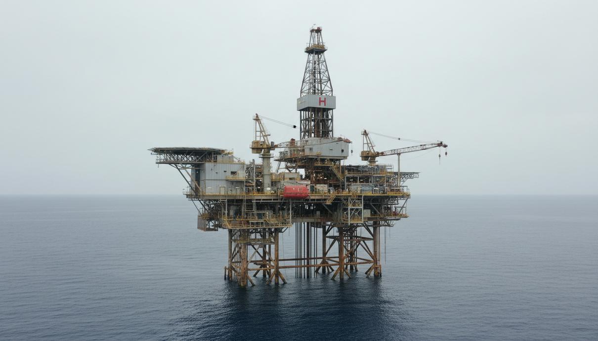 Морская нефтегазовая платформа с модульной буровой установкой на палубе в водах Мексиканского залива.