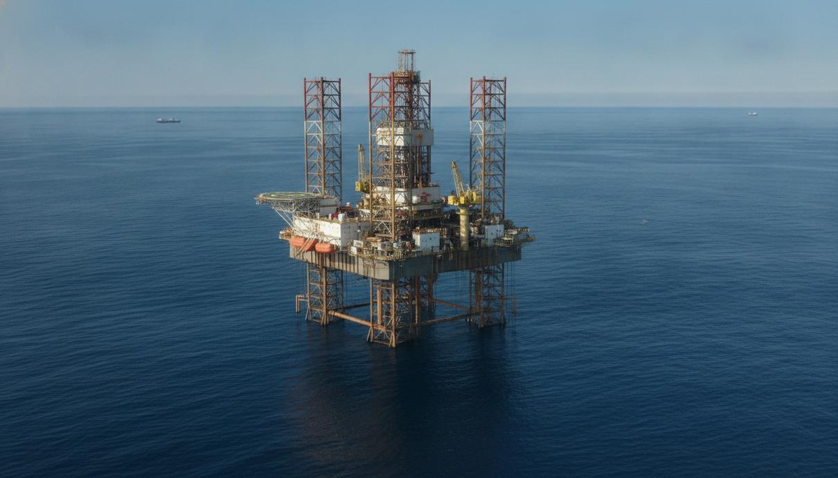Полупогружная буровая платформа Blackford Dolphin в открытом море. Общий вид на конструкцию в дневное время.