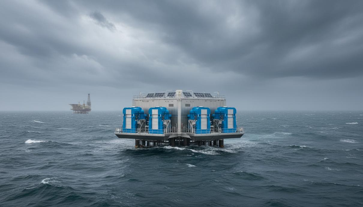 Новая безлюдная морская платформа для сжатия газа в Каспийском море. На заднем плане видна другая нефтегазовая платформа.